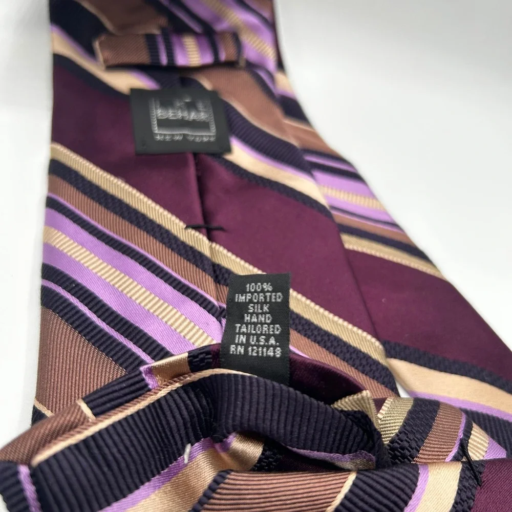 Ike Behar New York Silk‎ Tie Purple Brown Gold Striped Hand Tailored USA Made